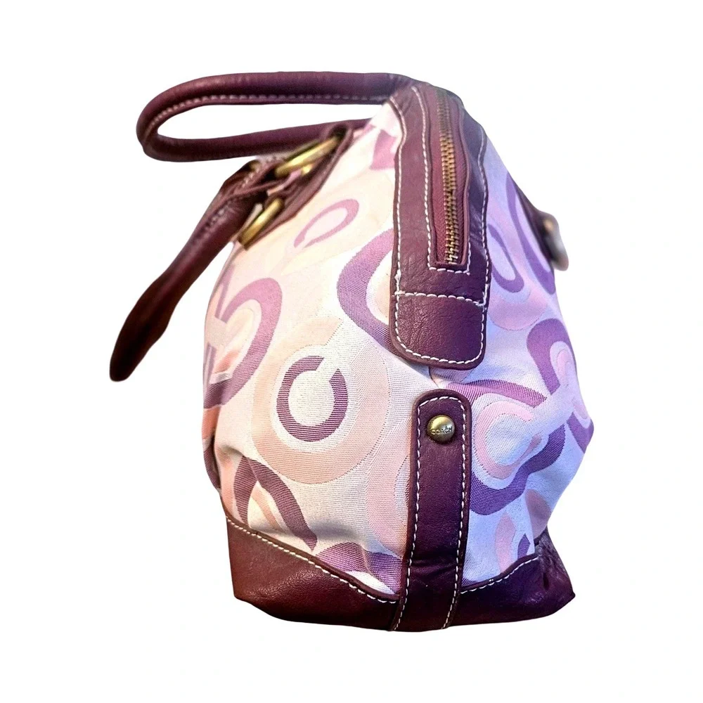 Coach Optic Signature Satchel Handbag Purple Pink Jacquard Leather Trim